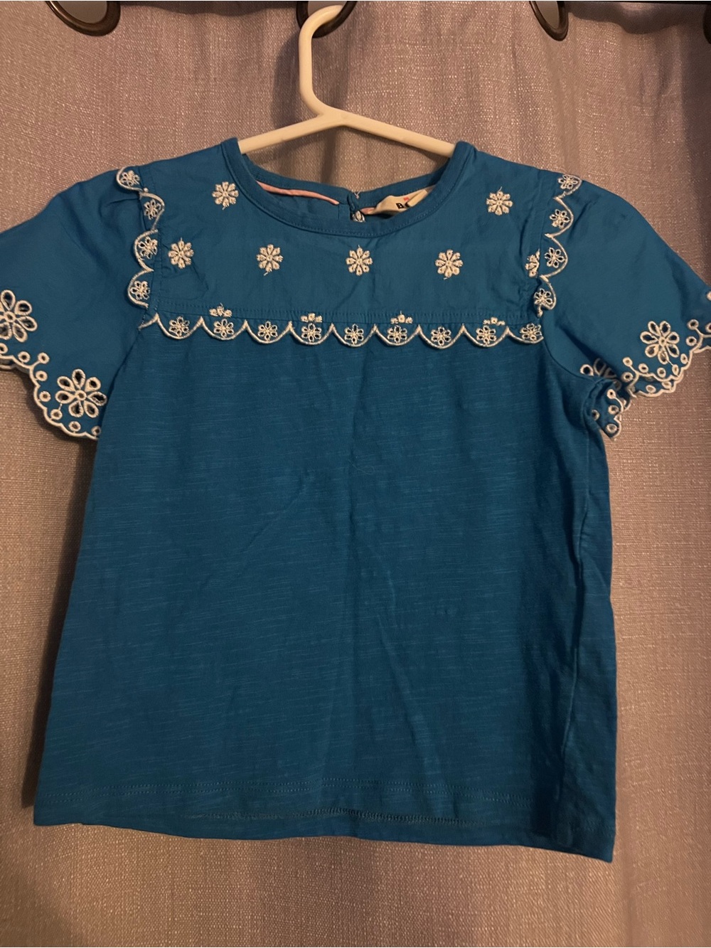 Boden Blue Short Sleeve Top with White Floral Embroidery